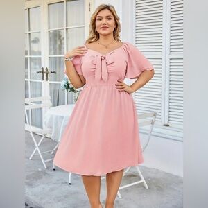 Women Plus Size Flounce Sleeve Midi Dress V-Neck Flared A-Line Dress